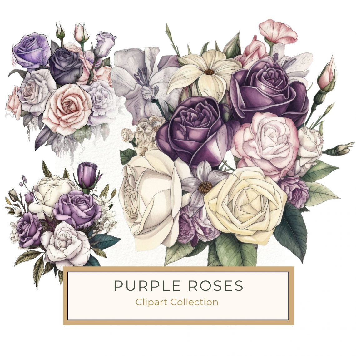 Elegant Watercolor Floral Bouquet in Purple and Cream Tones - Perfect for Digital Crafts, watercolor flowers, purple bouquet, floral clipart, digital craft, scrapbooking,1669216413