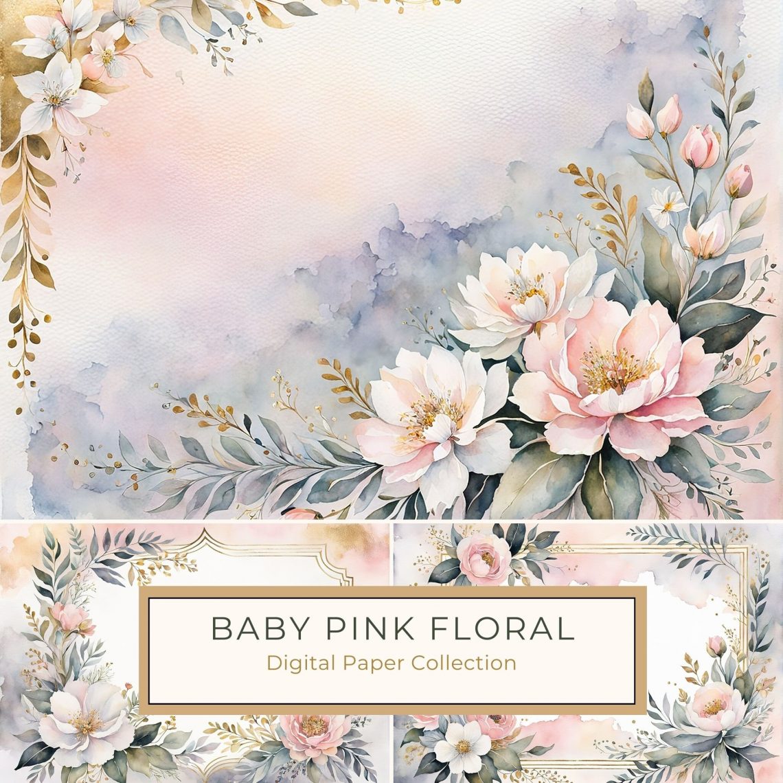 Elegant Watercolor Floral Border Digital Paper - Pastel Pink, White & Gold Frame, watercolor floral, pink and gold frame, digital paper, wedding invitation design, scrapbooking background,1755142696
