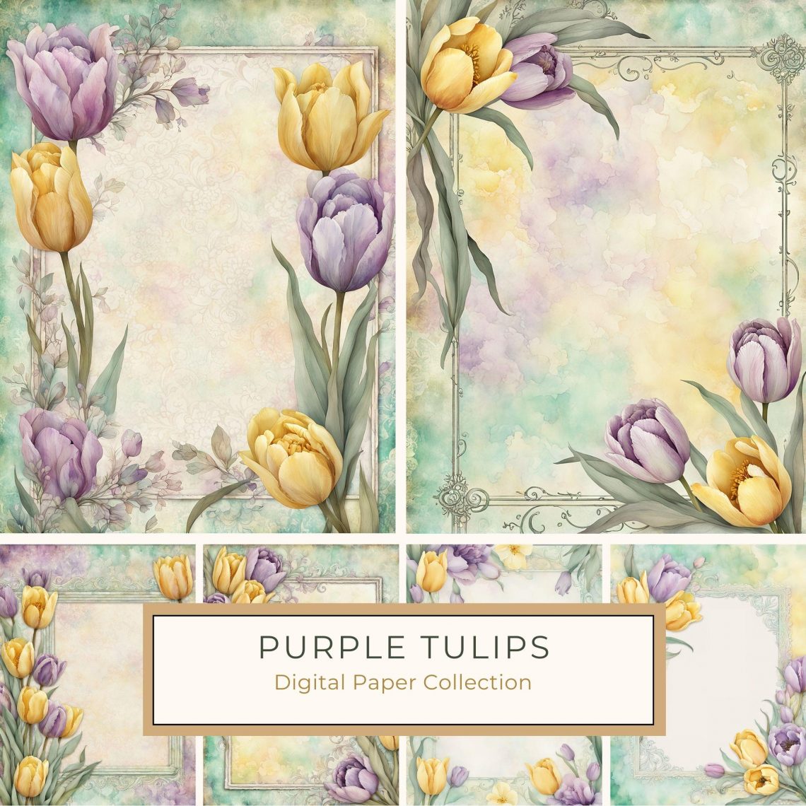 Watercolor Pastel Tulip Frame Digital Paper for Scrapbooking & Crafts, watercolor tulips, digital scrapbook paper, pastel floral frame, wedding invitation design, romantic crafts background,1793804469